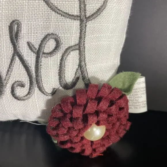 BLESSED Pillow Door Hanger 7”x 5” White Linen Pink and Burgundy Felt Flowers - Picture 4 of 9